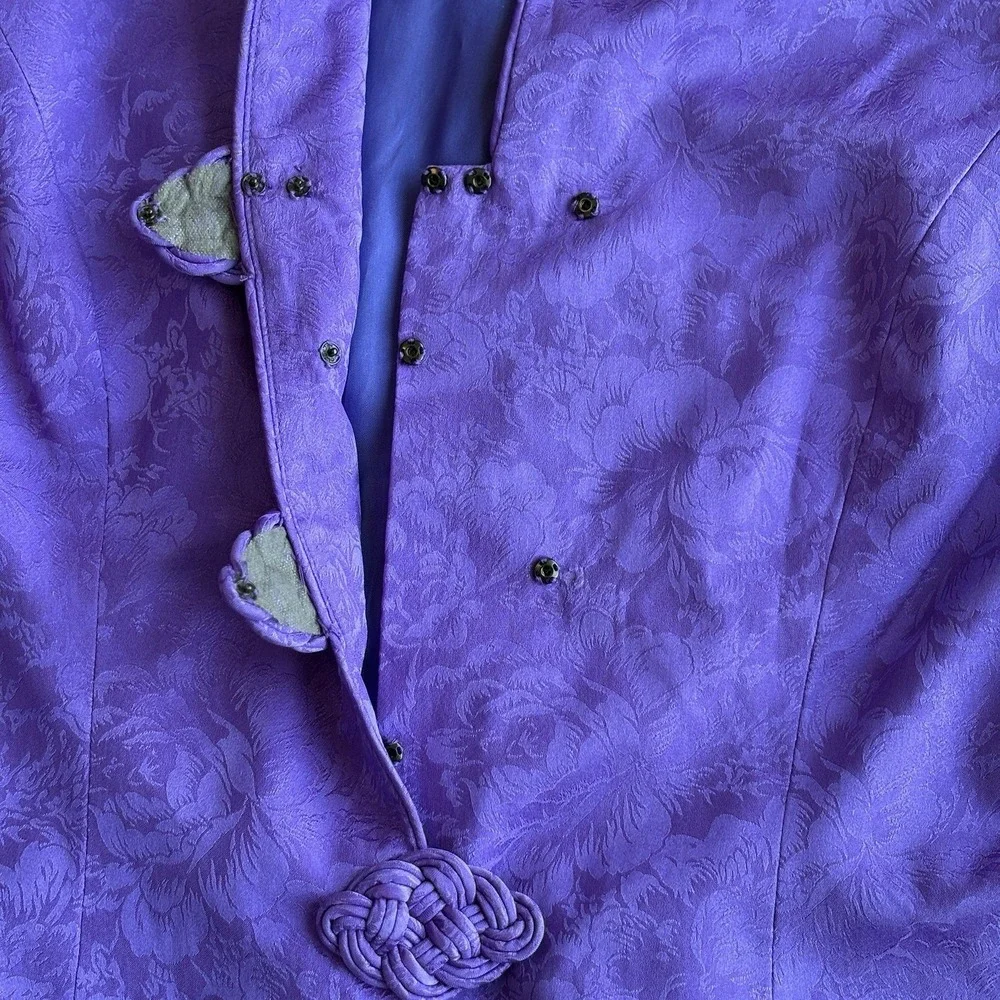 VTG 100% Silk‎ Purple Cheongsam Style Blouse Jacket Skirt Suit Sz4 Office Siren